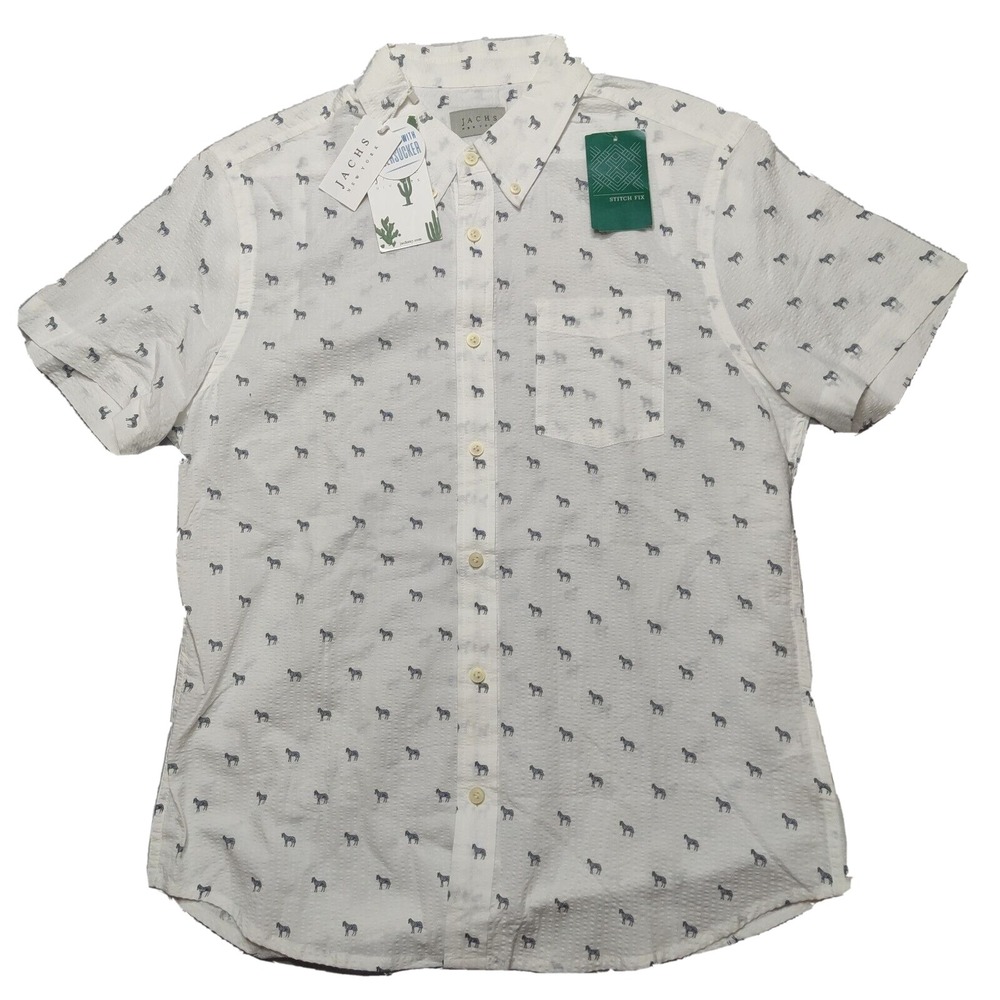 JACHS NEW YORK ZEBRA GEO Men Medium White Seer Sucker Button Up Shirt NEW